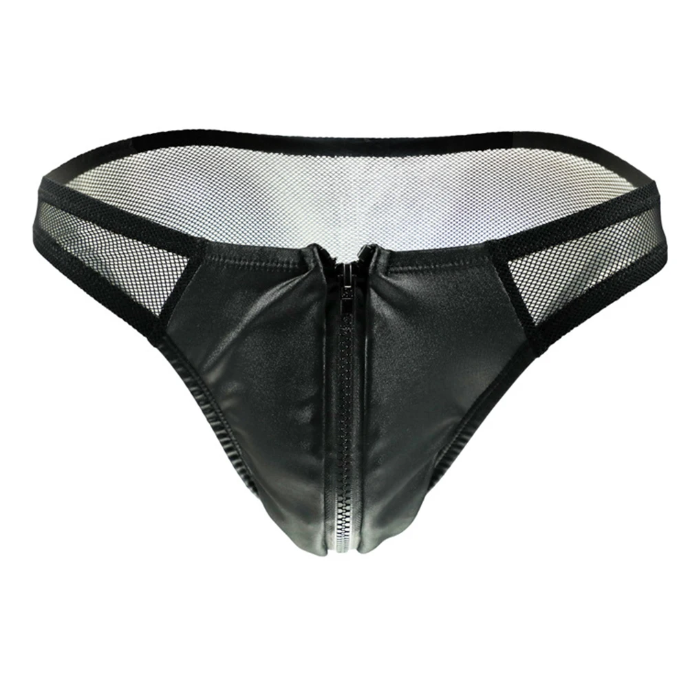 

Men's Sexy Briefs Pu Leather Men Underwear zipper Mesh Underpants Breathable Nightclub Low Waist Panties U Pouch Male 2022