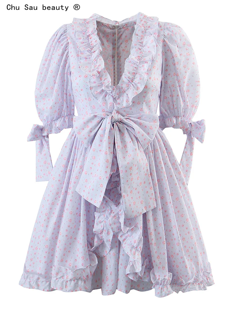 

2022 New Summer Dress Women Vintage Palace Style Print V-Neck Fungus Edge Puff Sleeves Lace Princess Dress Vestido Feminino