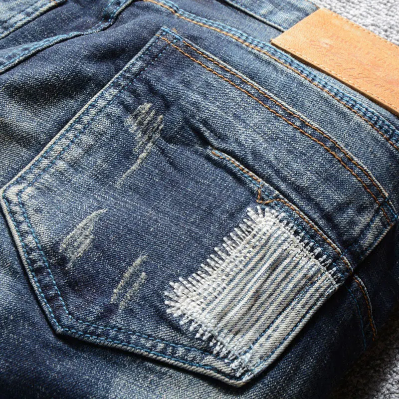 Italian Vintage Fashion Men Jeans Retro Black Blue Stretch Slim Ripped Jeans Men Embroidery Patch Designer Casual Pants Hombre