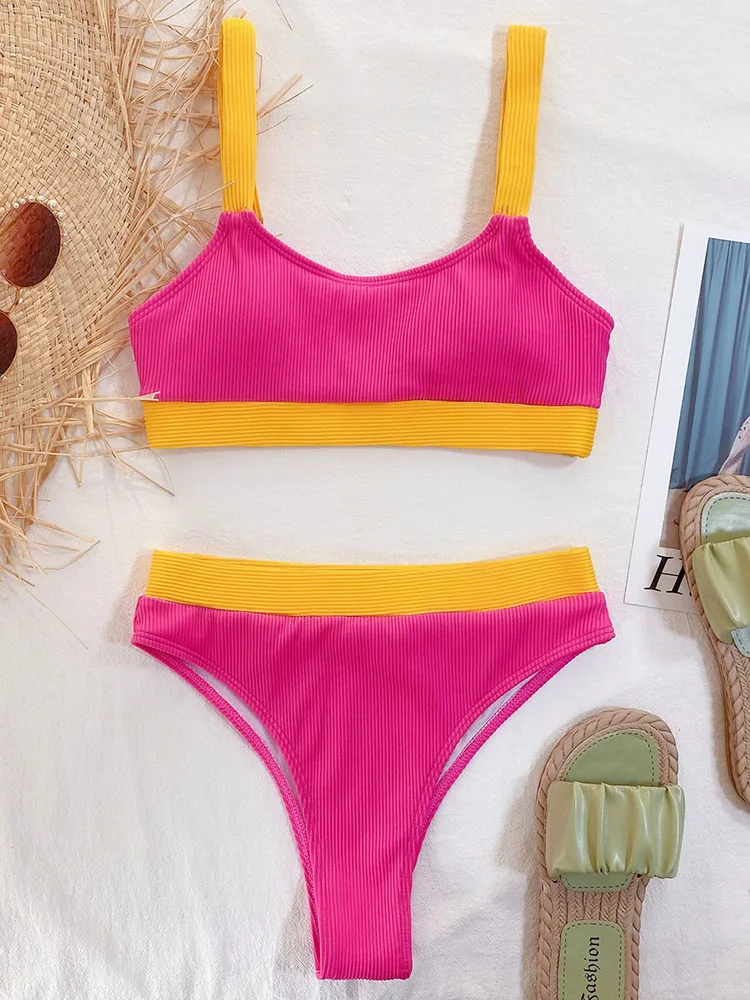 Женский купальник пуш-ап в рубчик с завышенной талией