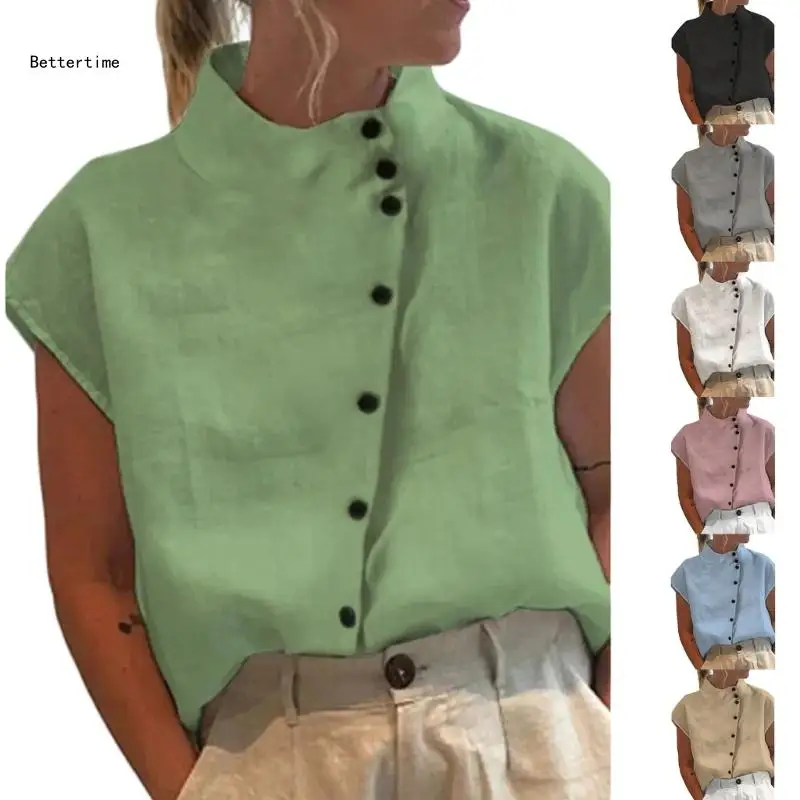 

Модная рубашка с коротким рукавом, Топ для женщин, блузка с воротником-стойкой, подходящая ко всему блузка на пуговицах, летняя хлопковая льняная блузка