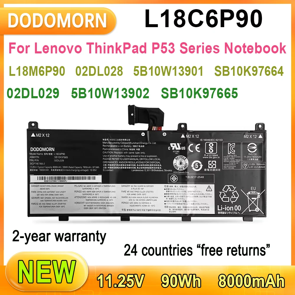 Аккумулятор для ноутбука Lenovo ThinkPad P53 8000 мАч L18M6P90 L18C6P90 5B10W13901 SB10K97664 11 25 в 90 Втч