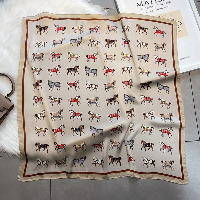 

70*70cm Fashion Shawl Pony Animal Silk Scarf Women Small Square Scarves Luxury Sun Protection Scarf Brand Designer Neck Scarfs
