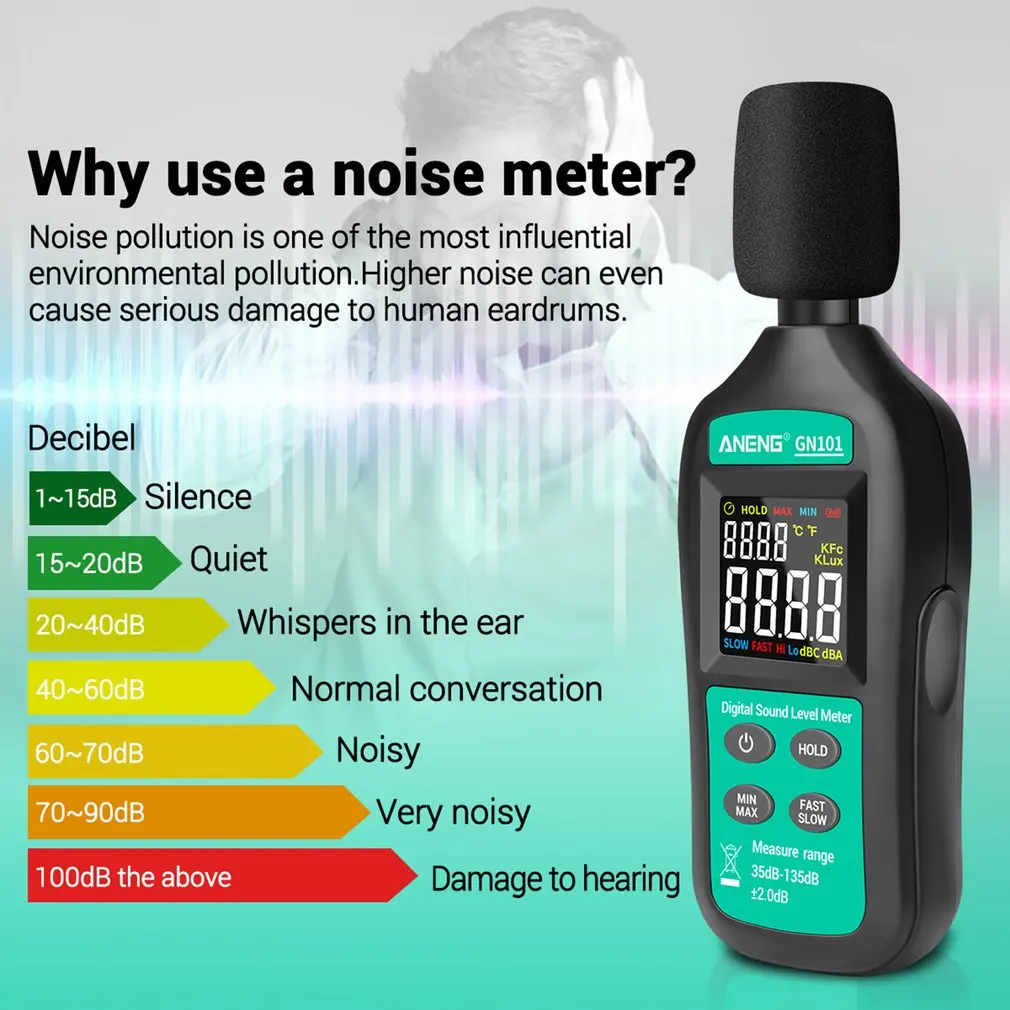 

ANENG GN101 Digital Noise Meter Measurement 35-135 db Intelligent Sound Level Meter Decibel Monitor Logger Diagnostic-Tool