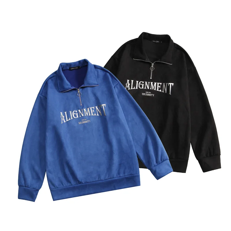 

Spring Casual Half Zipper Lapel Jacket Air Layer Deerskin Velvet Sweater Couple Wear Tide Haikyuu Oversized Hoodie Sweatshirt