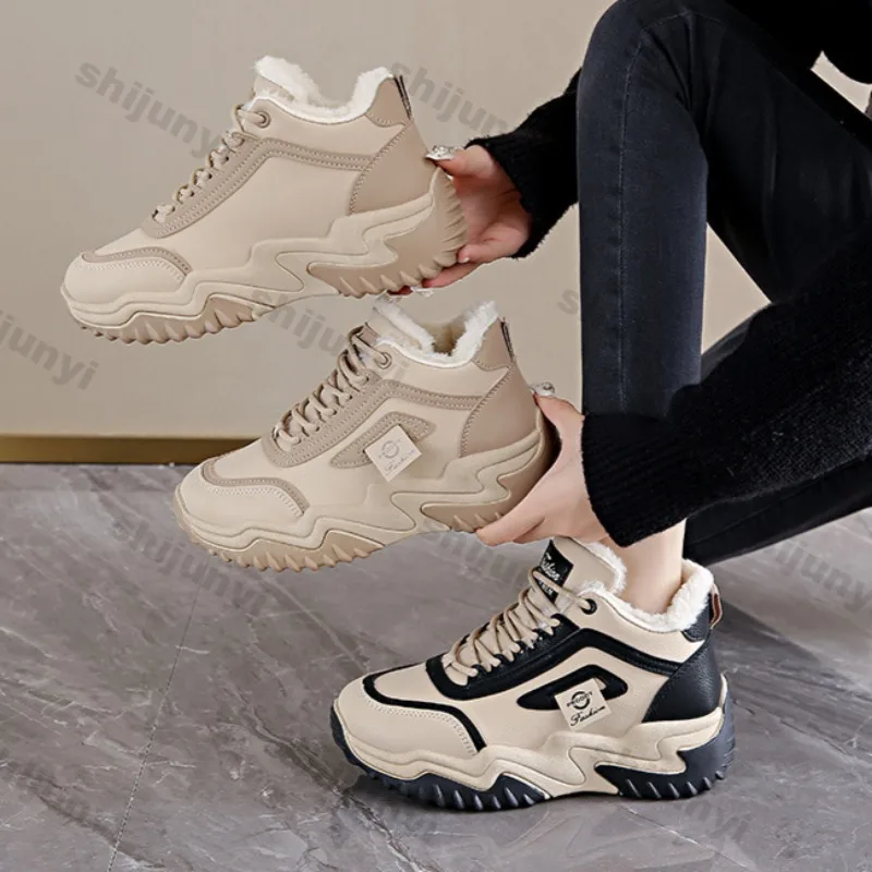 Зимние женские ботинки плюшевые теплые высокие корейские ботильоны на платформе