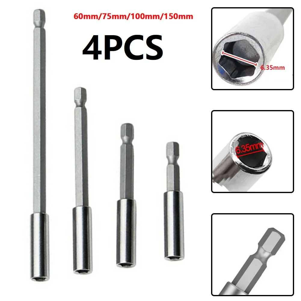 

4pcs Connecting Extension Rod Quick Change Bit Hex Shank 60/75/100/150mm For Pneumatic Air Batch 1/4" Impact Drivers Power Tool