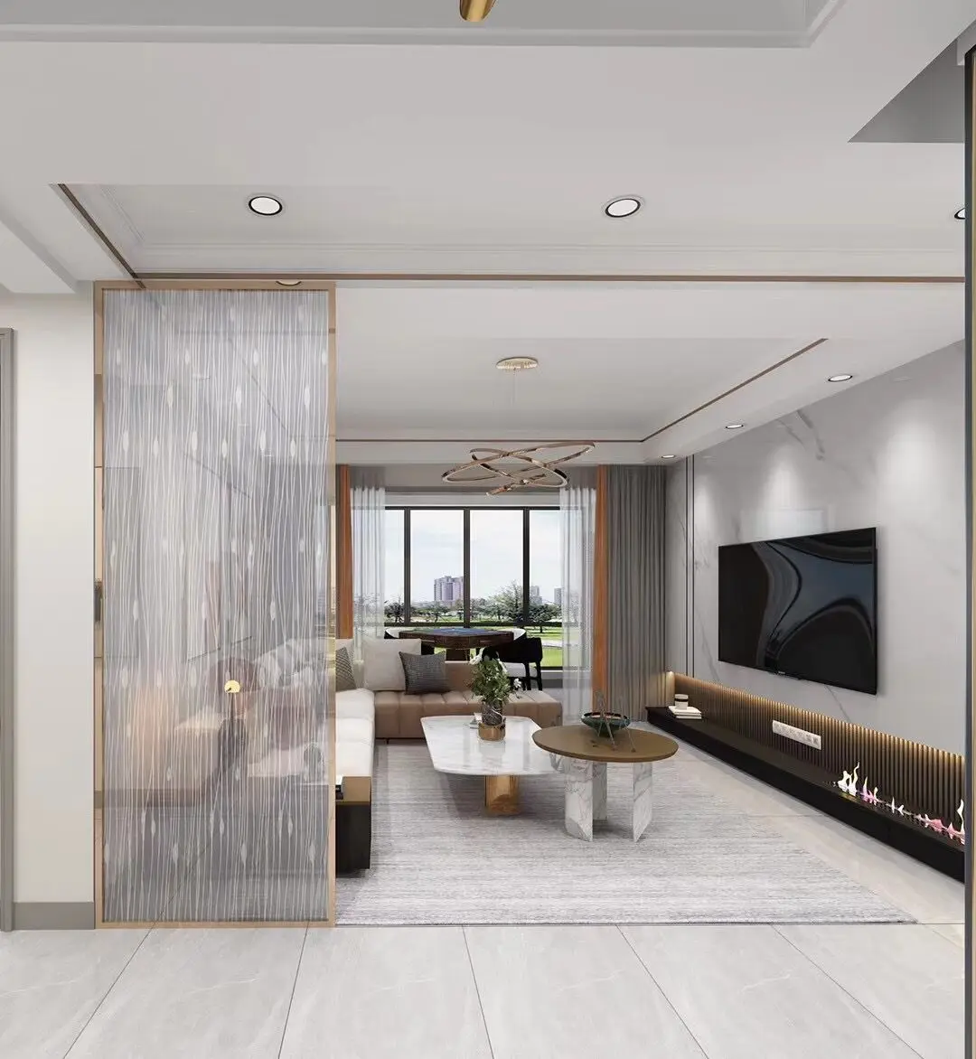 

Light luxury nordic glass screen stainless steel metal partition wall home living room room divider decorative shelter wall