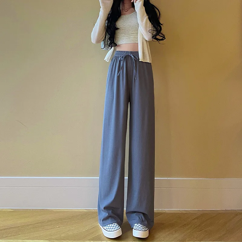 

Ice Silk Wide Leg Pants Women Bottoms Summer Pants Thin High Waist Drape Long Loose Pants Straight Mopping Pants