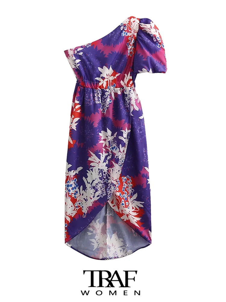 

TRAF Women Fashion Floral Print Asymmetrical Midi Dress Vintage One Shoulder Puff Sleeve Female Dresses Vestidos Mujer