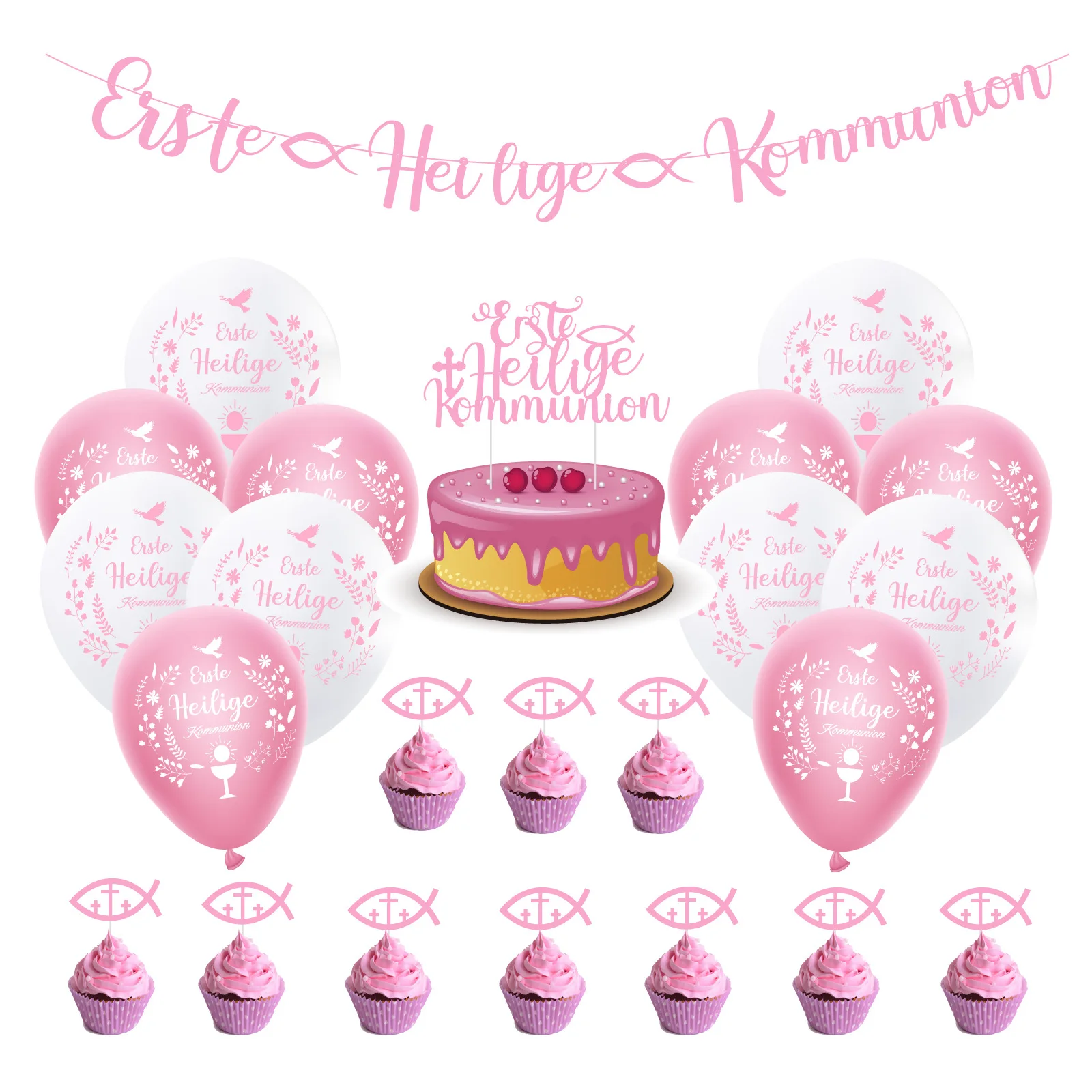 

JOYMEMO Erste Heilige Kommunion 1st Birthday Party Decoration Balloons Set Banner Cake Topper for Girl Birthday Party Supplies