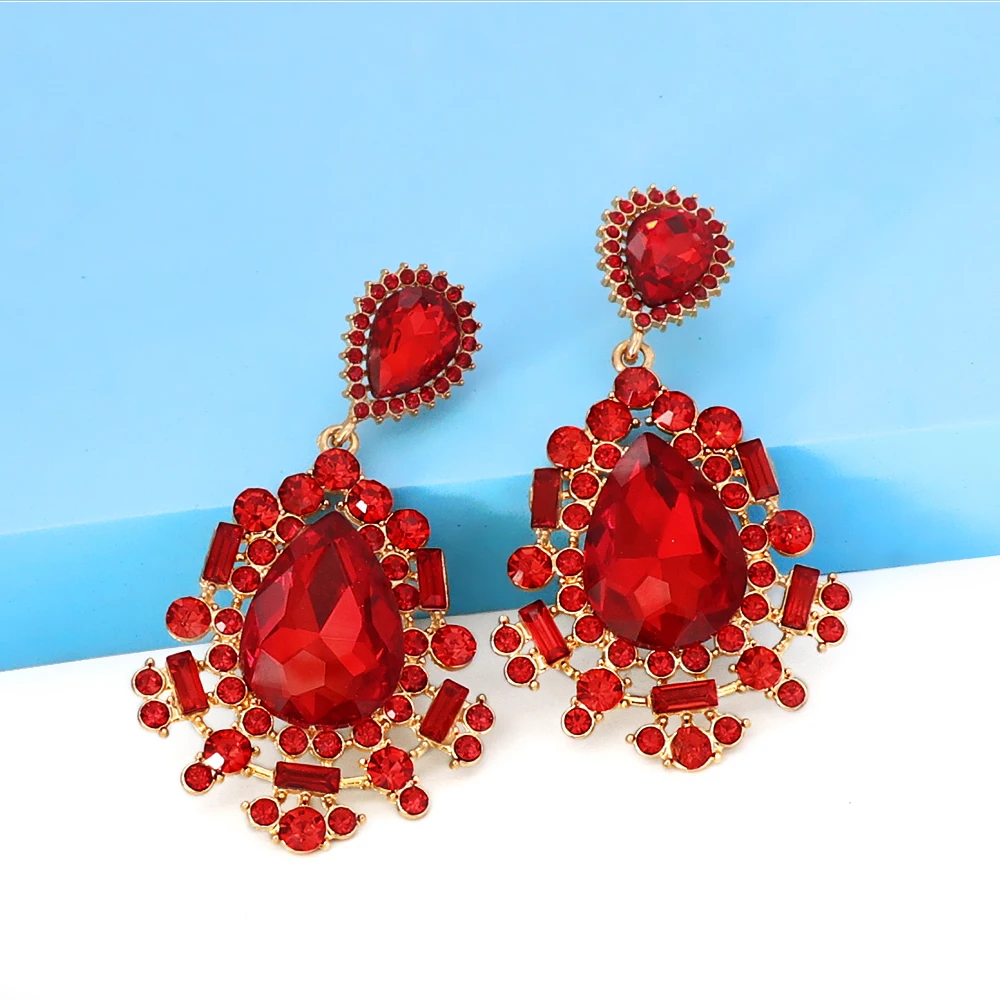 

New Fashion Red Rhinestone Dangle Earrings Statement Big Crystal Earrings Luxury Wedding Party Jewelry Accessories for Women