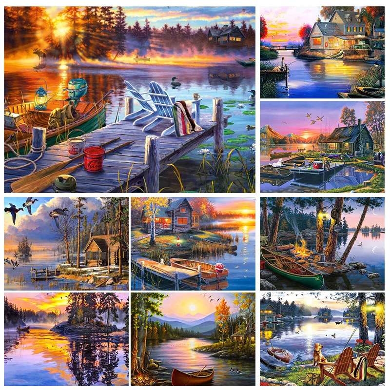 

Landscape DIY 5D Diamond Painting Kits Full Drill Lakeside Villa Mountain Diamond Rhinestone Embroidery Home Decor Gift