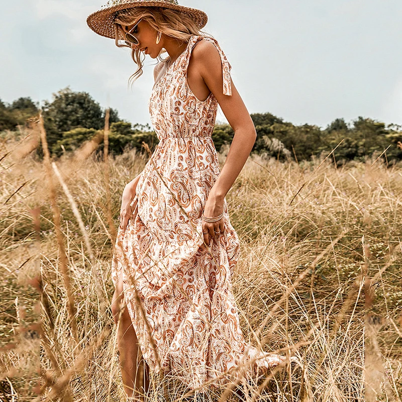 

Summer Dress 2022 Sexy Suit For Women New Slant Shoulder Backless Print Plus Size Swing Polyester Sierra Surfer Vintage Ladies