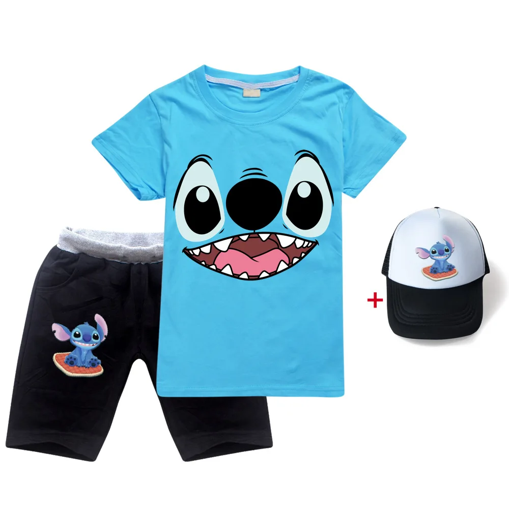 

2022 Disney New Stitch Cartoon Print Cotton Boys Summer Kids T-Shirt + Pants Hat Casual 3 Piece Activewear Set