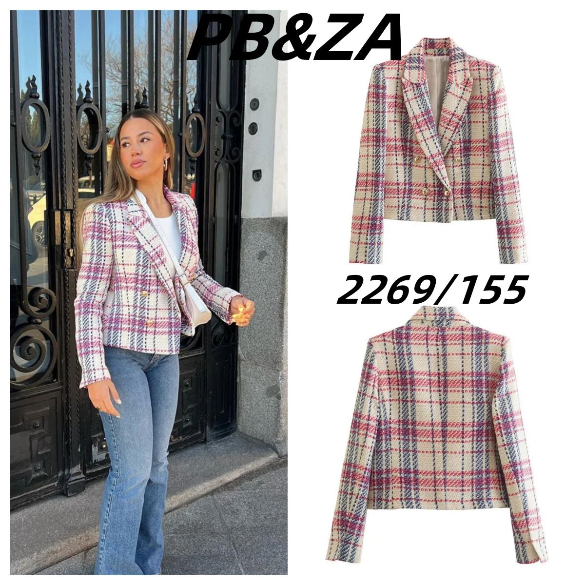 

PB&ZA 2023 Spring New Women's Clothing Slim-fit Plaid Texture Double-breasted Commuter Short Suit Jacket 2269155