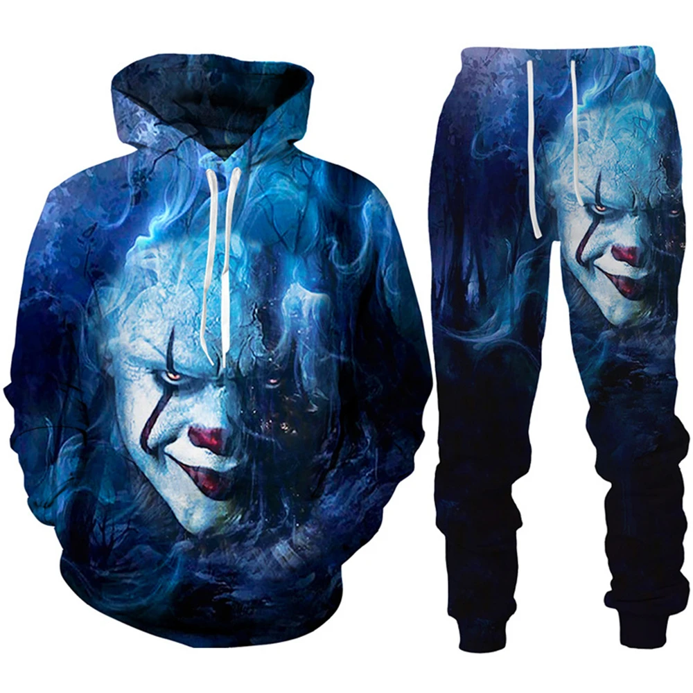 

3D Horror Movie Clown Print Hoodie/Pants/Suit Funny Unisex Pullover Sweatshirt Set 2022 Halloween Personality Streetwear Clothes