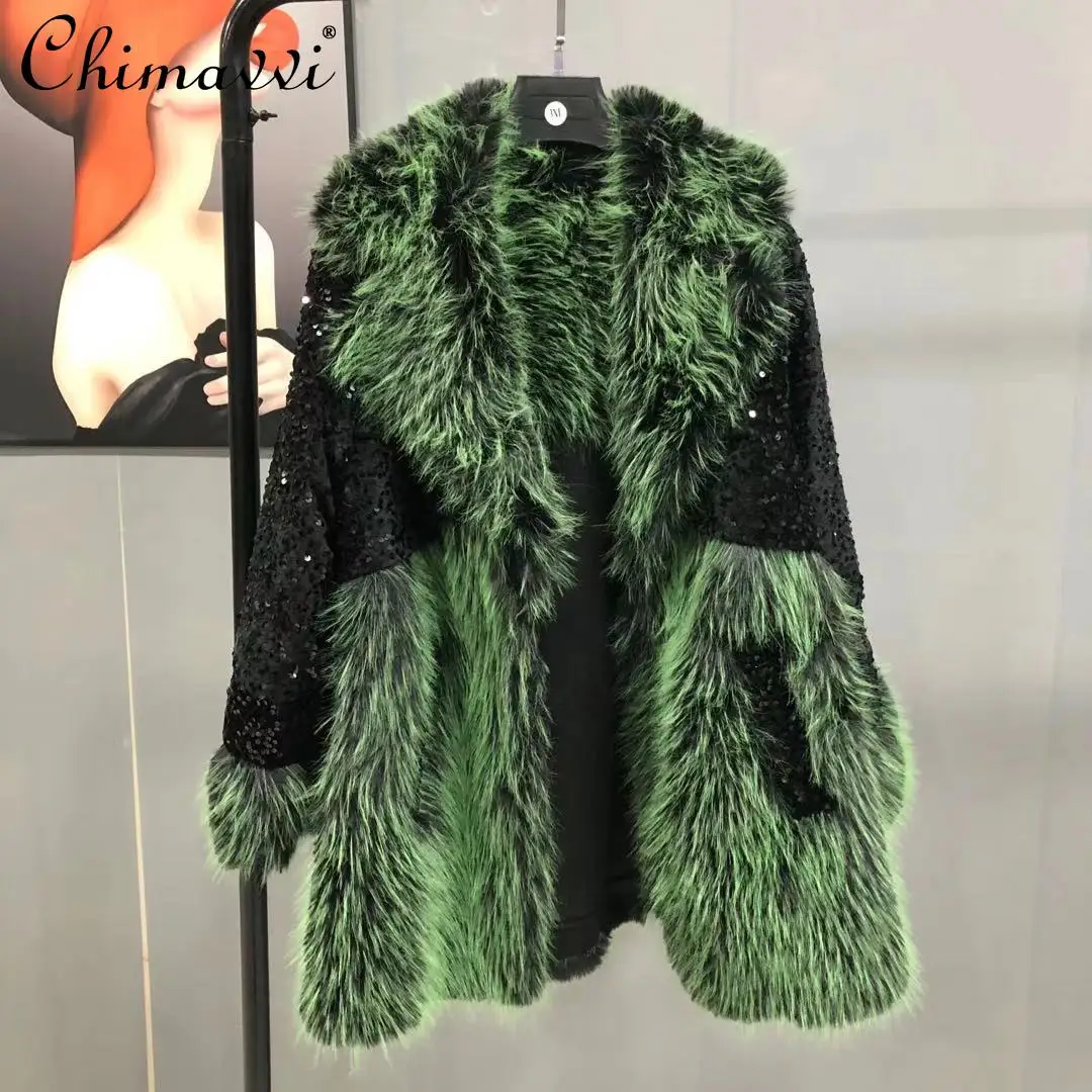 2022 New Winter Clothes Fashion Green Toscana Warm Coat Loose Slimming Temperament Heavy Sequins Decorative Fur Coat Women
