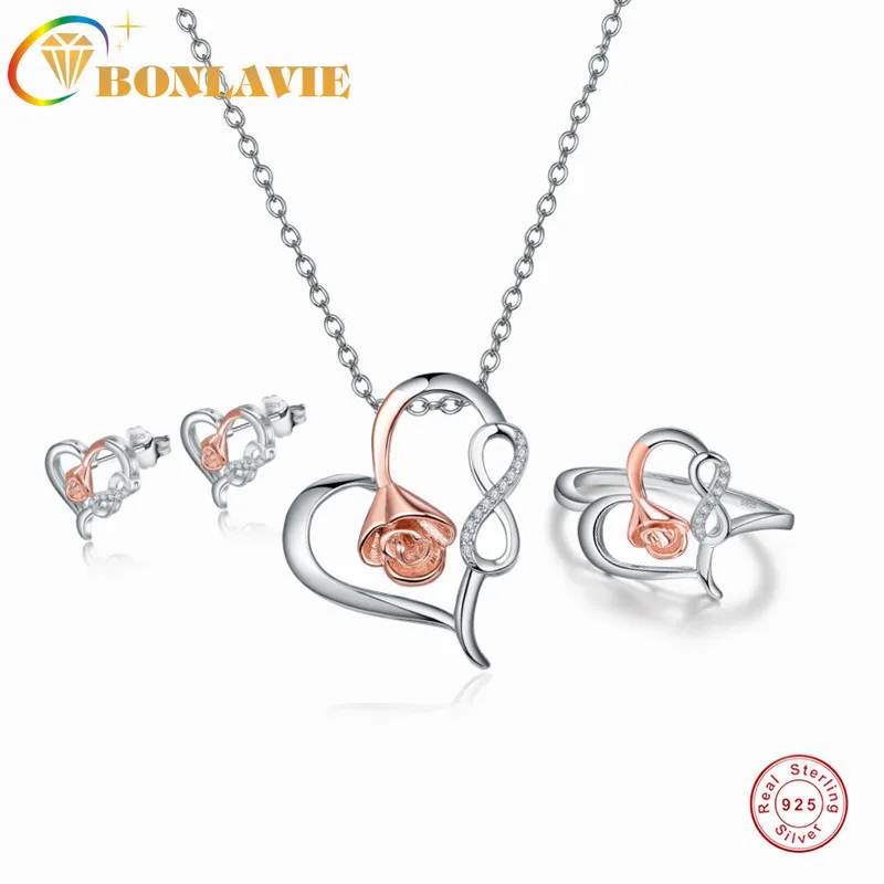 

BONLAVIE 925 Sterling Silver Heart-shaped Hollow Pendant Jewelry Set Rose Gold and Infinite Symbol Necklace Ring Earrings
