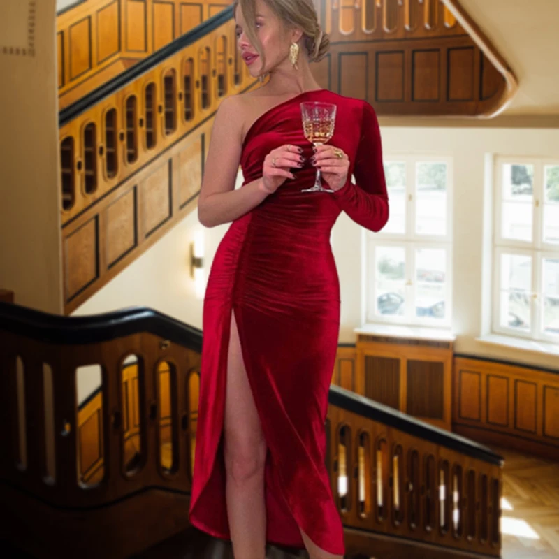 New Solid Long Sleeve One Shoulder Ruched Slit Velvet Midi Dress Sexy Party Club Elegant Bodycon Dresses Femme Robe Longue