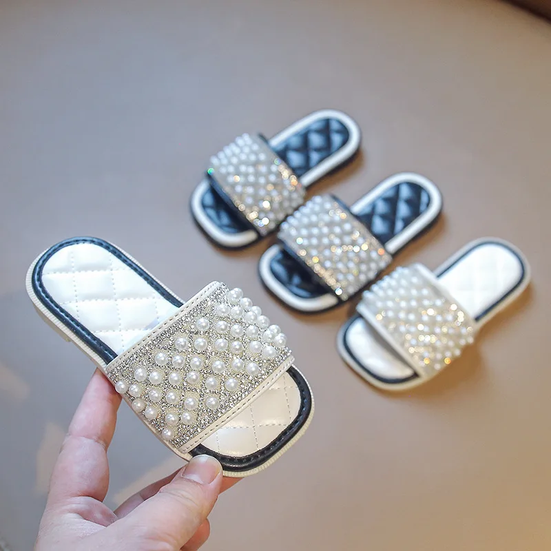 

Kids Summer Slippers for Girls Princess Sweet Children Beach Pearls Beading Slides Open Toes Cute Classic Soft Anti-skid 23-32