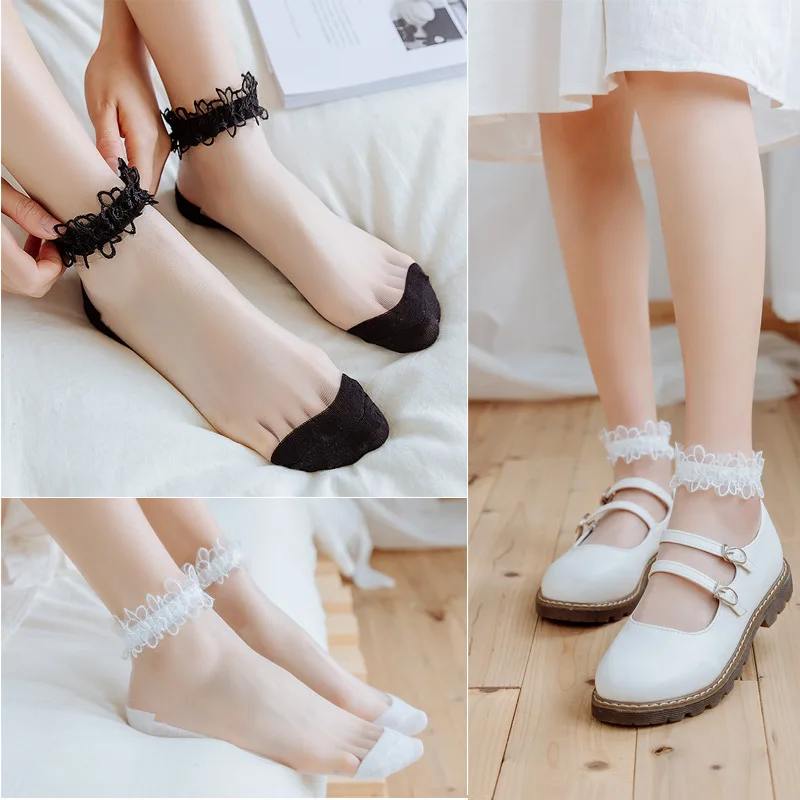 5pairs Women's Ultra-thin Stockingss Transparent Glass Silk Harajuku Stockings Elastic Short Socks New