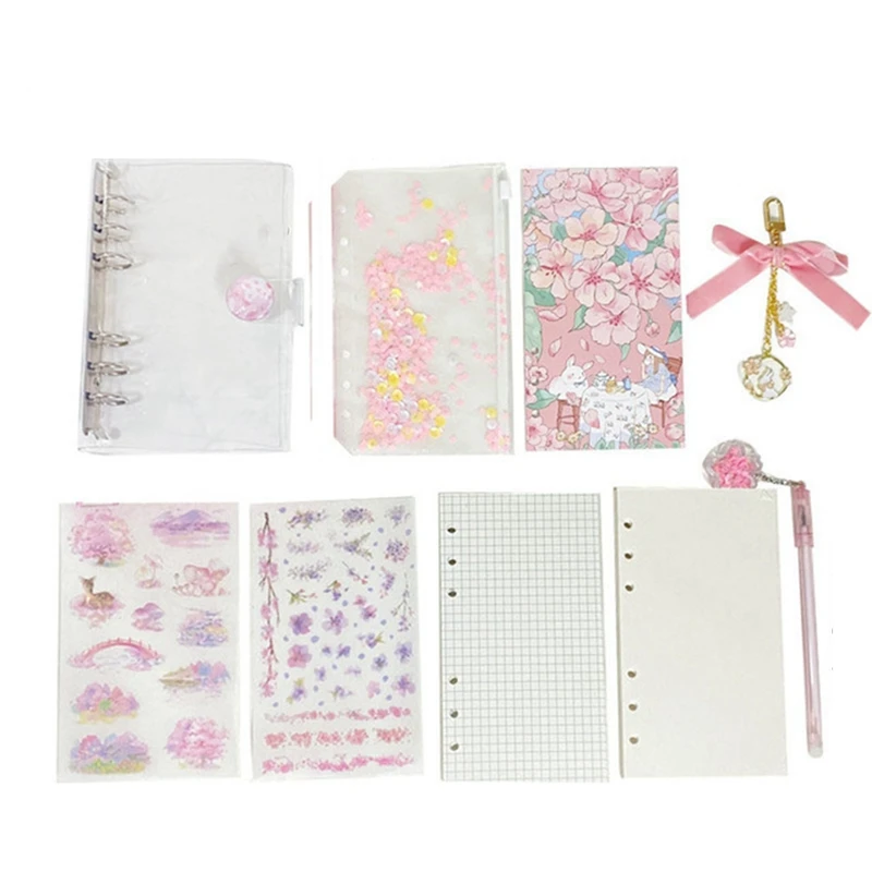 

A6 Sakura Loose Leaf Notebook Set 90 Sheets Papers Binder Dairy Cherry Blossoms Binder Journals Book
