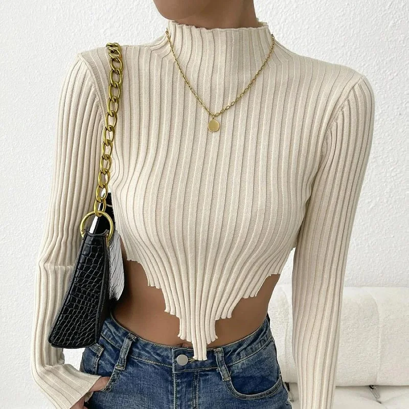 

Women's Autumn Half High Neck Sweater Long Sleeve Sexy Pullover Ladies Solid Street Casual Irregular Knit Hot 2023