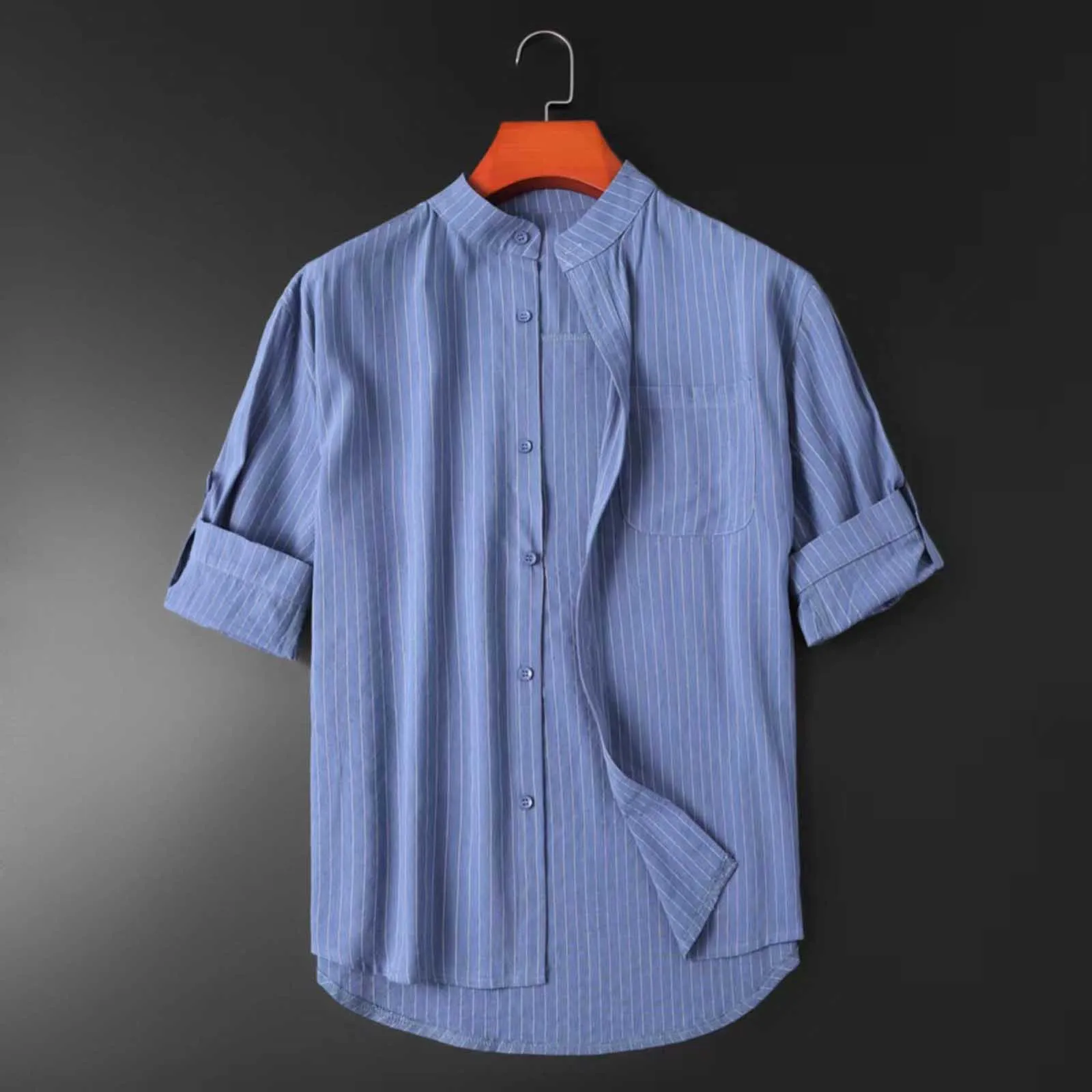 

Short-Sleeved Men's Shirt 2022 Summer New Striped Print Thin Linen Casual Shirt Loose Pocket Shirt Blouse Fashion Men's Clothing