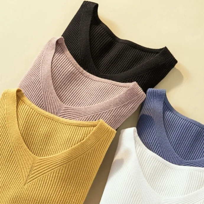 

Autumn Winter New Sweater Top Women's Long-sleeved Knitted Sweater Korean Slim Pullover V-neck Bottoming Shirt