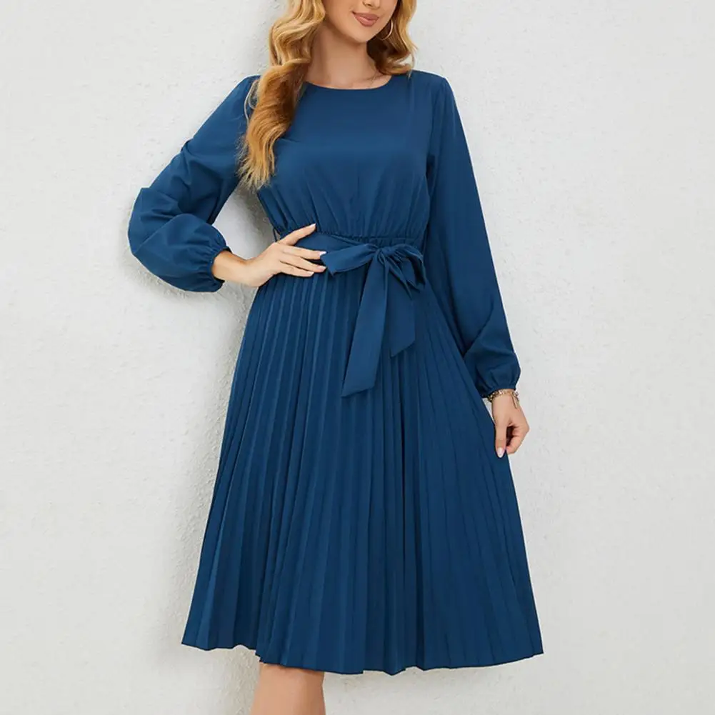 

Lightweight Comfortable Dress Elegant Women's A-line Midi Dress Pleated Hem Long Sleeves Slim Waist for Spring Autumn for Women