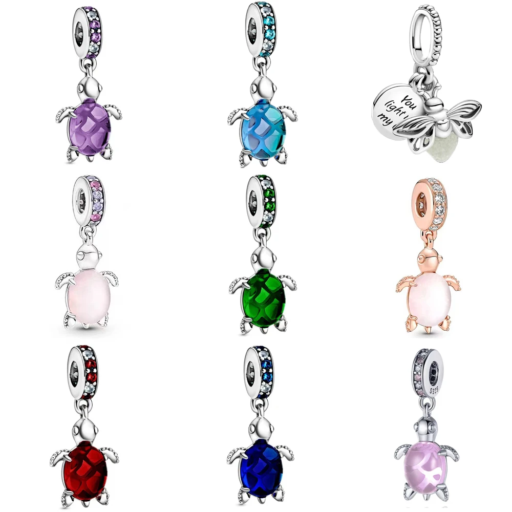 

925 оригинальные бусины-шармы для браслетов Pandora серии животных милая черепаха голубая розовая Серебряная бусина для женщин ювелирные изделия Сделай Сам изготовление подарков
