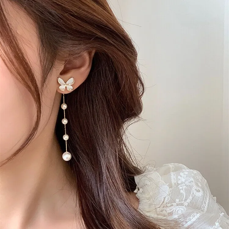 

Korean Fashion New Oil Dripping Butterfly Pearl Tassel Long Earrings for Women Femininity Fashion Two Wear Earring Jewelry Gift