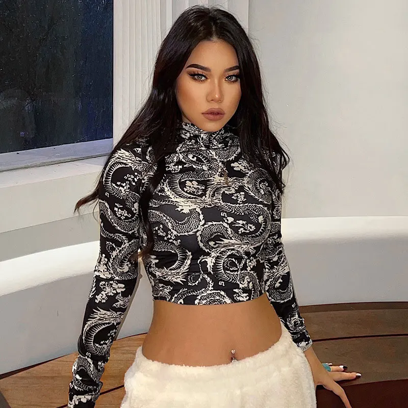 Модные тенденции 2024 женские стильные укороченные топы с принтом дракона тонкая