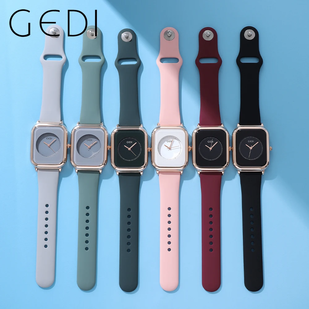 GEDI Women Men Unisex Watch Silicone Strap 30m Waterproof Rectangle Ladies Fashion Quartz Wristwatches Trend Gifts Dropshipping
