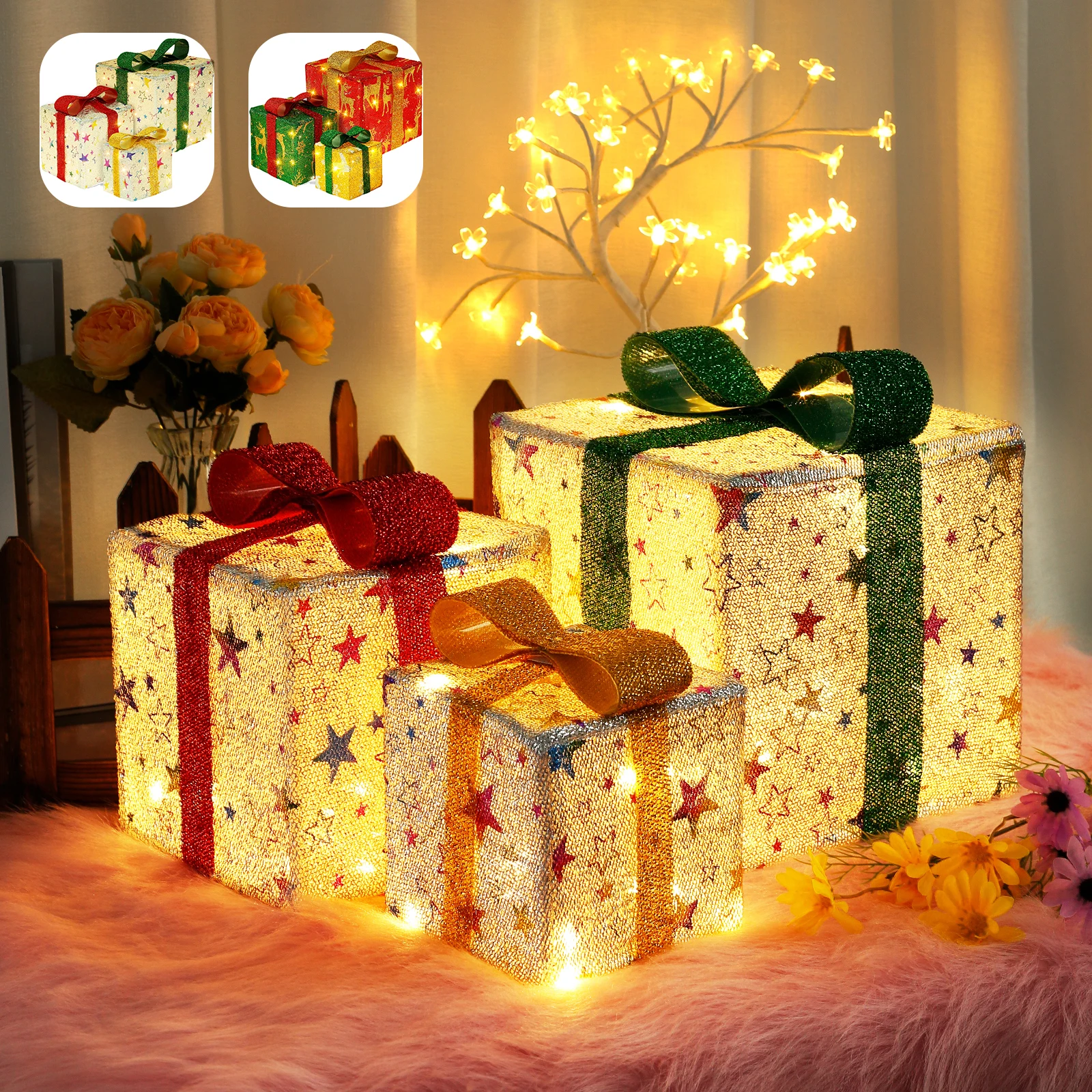 

3Pcs Christmas Lighted Gift Boxes Light Up Present Box with 8 Flashing Modes IP42 Waterproof Xmas Gift Box Xmas Tree Decor