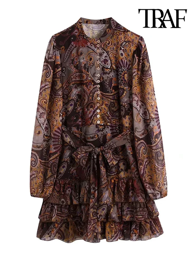 

TRAF Women Fashion With Belt Paisley Print Mini Dress Vintage Long Sleeve Ruffled Hem Female Dresses Vestidos Mujer