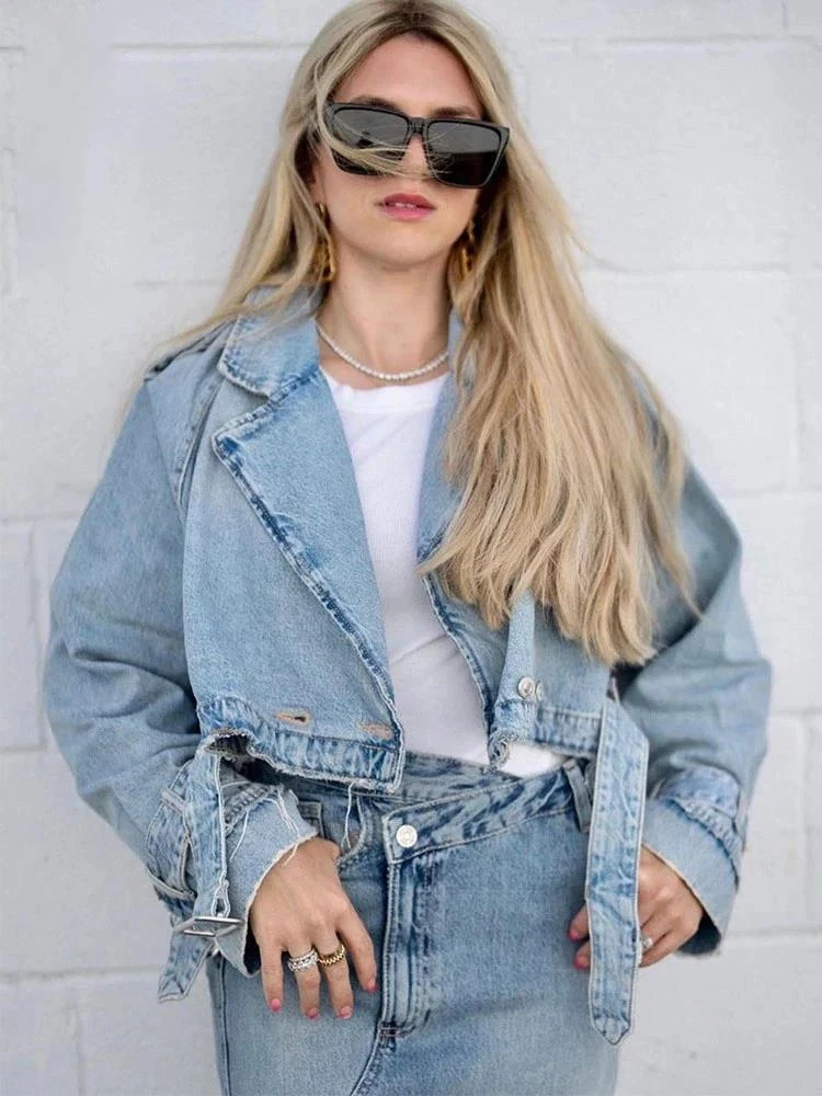 

Куртка женская джинсовая с ремнями, модный однобортный синий Бомбер с отложным воротником, уличная свободная короткая верхняя одежда, укороченный топ, весна 2023