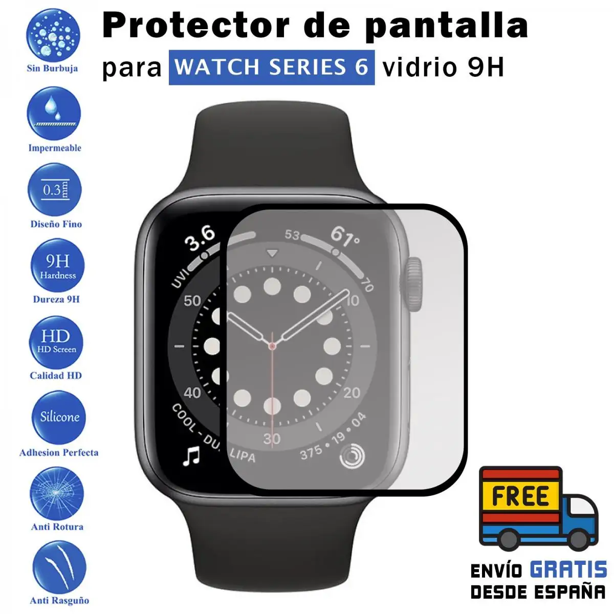 

Apple watch series 6 44 mm black tempered glass 9H screen Protector for movil - Todotumovil