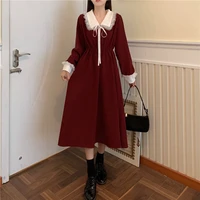 2021 fall women lace peter pan collar long sleeve dress sweet french korean party elegant lace up fairy vintage christmas dress
