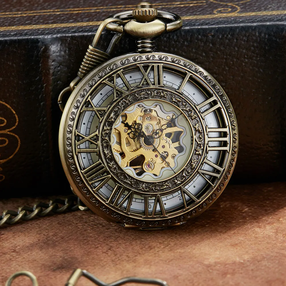 

Bronze Mechanical Pocket Watch With Chain Vintage Roman Numerals Hollow Sculpture Hand Wind Mechanical Pocket Watches Men