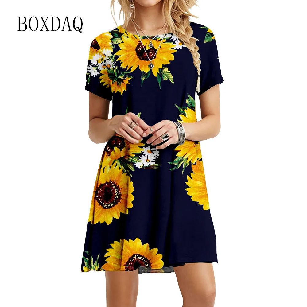 Hot Sale Dresses For Summer 2022 New Women Boho Sunflower Print Dress Casual O-Neck Short Sleeve Loose Ladies Oversized Dress
