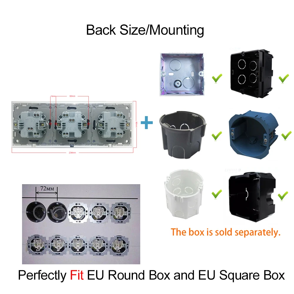 Тройная настенная розетка со стеклянной панелью 110 В 250