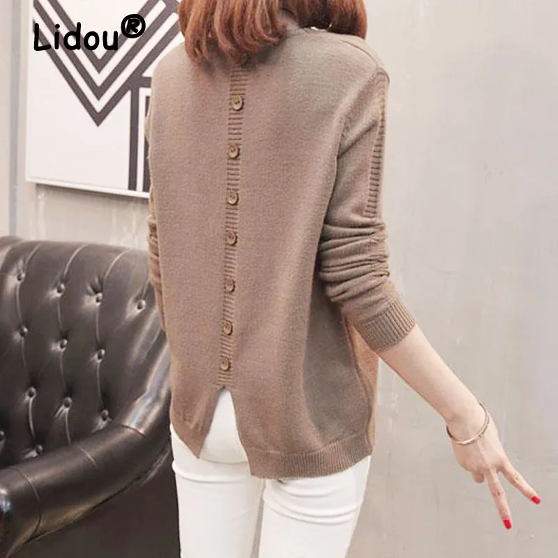 

Autumn Winter Solid Color Single Breasted Chic Long Sleeve Pullovers for Women 2022 New V-neck Sweater Women's Casual Korean Top