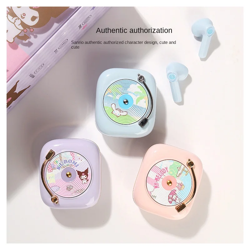 

Cartoon Sanrioed My Melody Kuromi Cinnamoroll Cute Retro Record Player Shape TWS Bluetooth Headphones Kawaii Portable Headphones