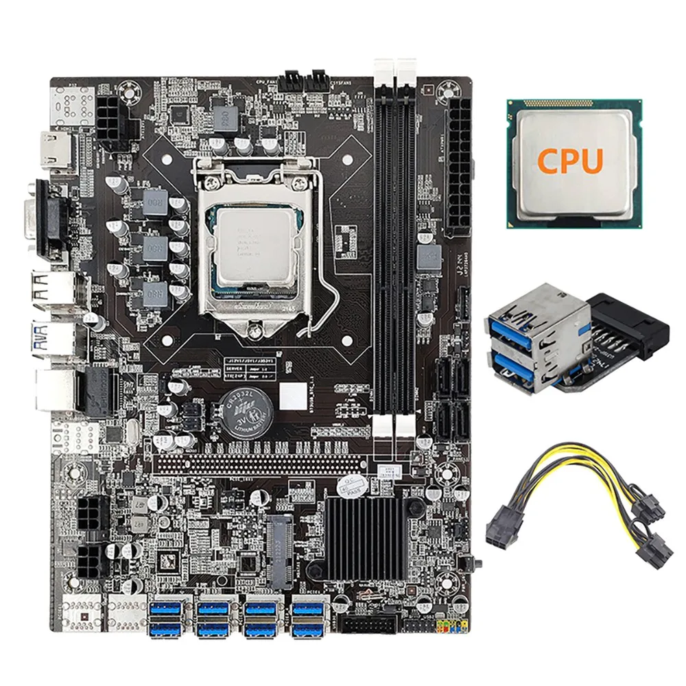 B75 8 GPU ETH Mining Motherboard+CPU+Power Line+USB3.0 Adapter 8X USB3.0 to PCIE Slot LGA1155 DDR3 RAM SATA3.0 BTC Miner