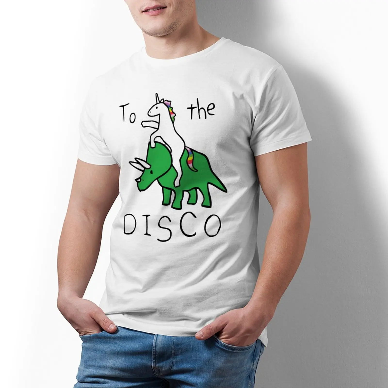 

To The Disco Unicorn Riding Triceratops Popular T Shirt Men Dinosaur Fun Graphic T Shirts Short-Sleeve Beach Tshirt Cotton tops