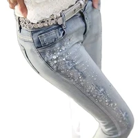 lady jewelry diamond embroidered street denim pants women light blue hallow out hole jeans punk fashion ankle leggings
