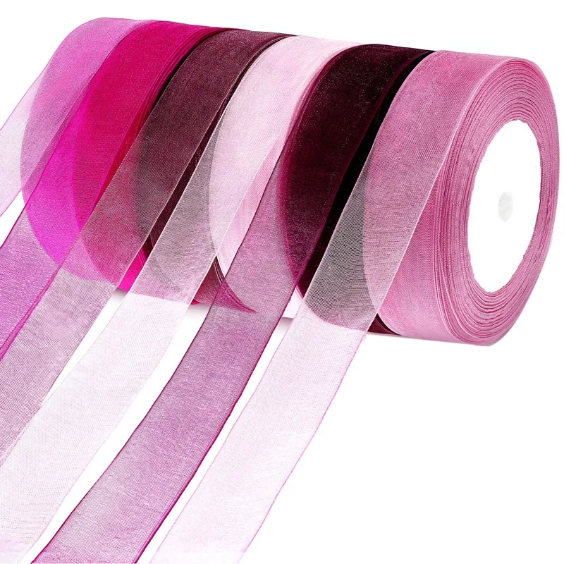 

6Rolls 1 Inch Sheer Chiffon Ribbon Organza Satin Ribbon Transparent Chiffon Ribbon for Wedding Valentines Bouquets Craft