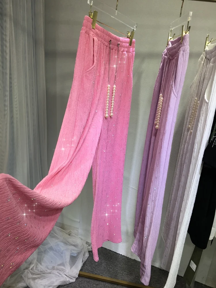 

Лидер продаж, женские брюки высокого качества, лето 2023, модные розовые брюки с широкими штанинами для швабры, повседневные брюки для похудения